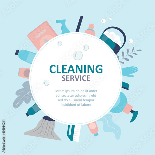 Cleaning service banner template. Housekeeping background with cleaning tools. Image can be used on advertising booklets, banners, flyers, article, social media.