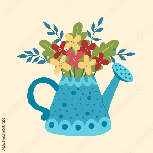 Illustration of watering can with flowers. Flowers in watering can. Design element for greeting card, invitation, print, sticker. Illustration for birthday, mother's day, valentine's and woman's day.