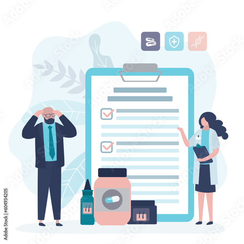 Trichologist examining male patient hair growth. Doctor research and analysis for hair loss treatment. Alopecia and hair problems, baldness. Dermatologist diagnosis health problem and gives advice.