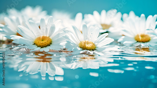 White beautiful daisies on blue water surface with reflection on blue background. Trendy chamomiles flower background for cosmetic product presentation. Generative ai