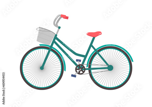 Cute bicycle icon isolated on white background. Vintage bike with a busket. Vector illustration flat design. Summer activity transport. Bicycle shopping basket. Healthy lifestyle. Retro style bike.