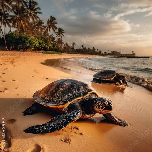 Resting Giant Turtles on Maui's Sandy Beach in Hawaii. Generative AI