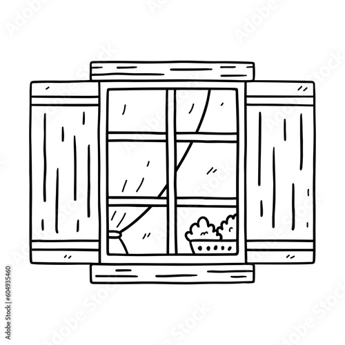 Window with open shutters and plants isolated on white background. Vector hand-drawn doodle illustration. Perfect for decorations, logo, various designs.