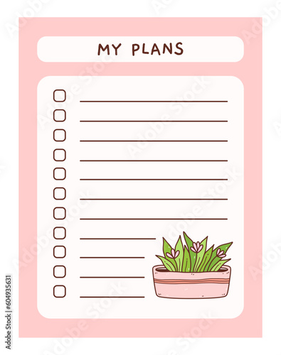 Cute to do list template with floral element. Funny design of daily planner, schedule or checklist. Perfect for planning, memo, notes and self-organization. Vector hand-drawn illustration.