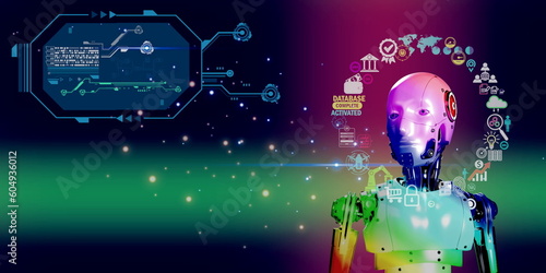 artificial intellegence collected processing commands to find the best answer to communicate with humans. 3D robotic working with element futuristic digital icon background