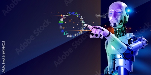 Creartificial intellegence collected processing commands to find the best answer to communicate with humans. 3D robotic working with element futuristic digital icon backgroundated with GIMP