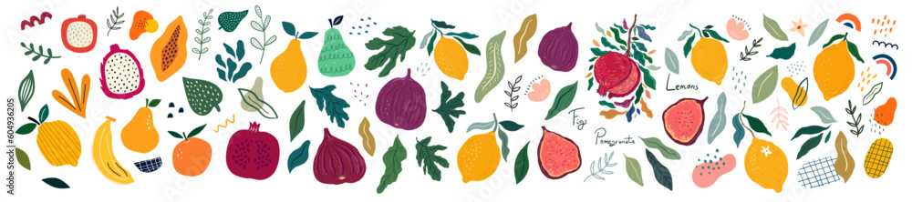 Obraz premium Big vector collection of different fruits. Hand-drawn collection of healthy, organic fruits.