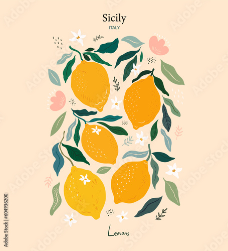 Lemons. Vector illustration in hand drawn style with lemons and leaves. Interior painting. 