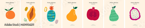 Vector fruit collection in  hand drawn style. Hand-drawn collection of healthy, organic fruits for prints, cards, textile.. Tropical fruits. Interior posters. Notebook cover designs
