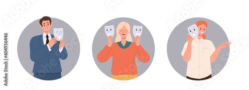 Set of round people avatar icons with man woman concealing true emotions under different social mask