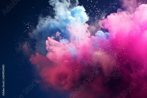 Blue and pink colorful clouds of smoke and shiny glitter powder particles bursts background