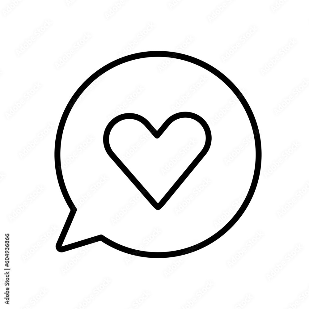 Speech bubble with heart icon on white background, vector isolated linear illustration. Like heart follow social media mark symbol on speech bubble chat. Valentines day symbol. Love sign Speech bubble with heart icon on white background, vector isolated linear illustration. Like heart follow social media mark symbol on speech bubble chat. Valentines day symbol. Love sign