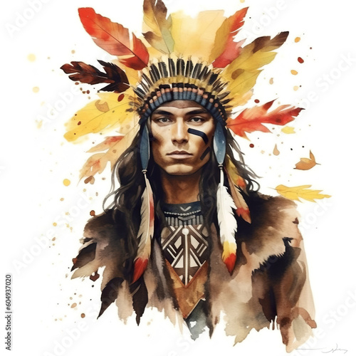 A watercolor painting of a native american man. Generative AI. Tribal native american spirit illustration.