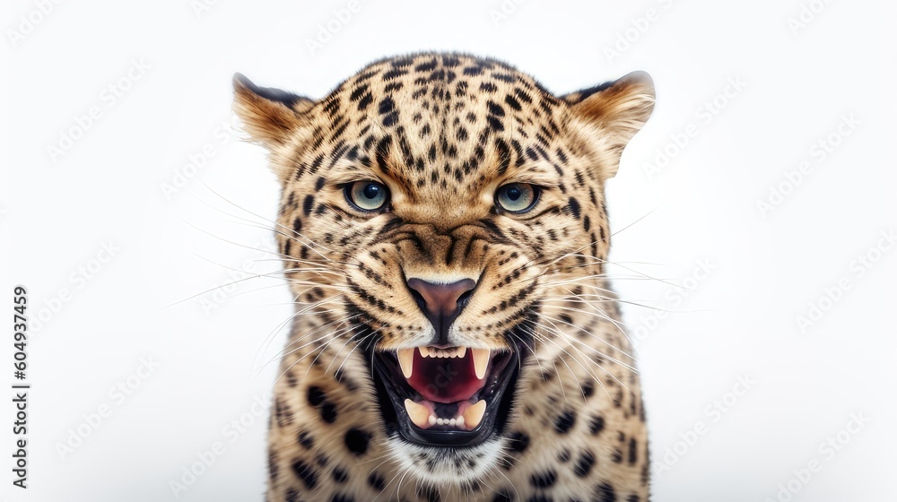 Obraz premium Angry leopard head on white background generative AI