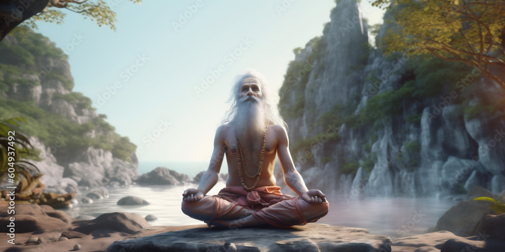 India Rishikesh, outside near Gange river, a man siddha yoga teacher with long hair, sitting in meditation asana. AI Generative