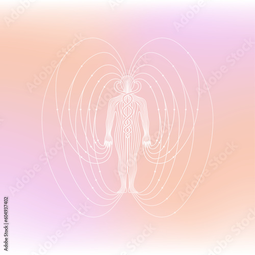 Illustration of human body magnetic energy field meridian pink orange white