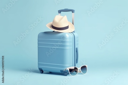 Blue suitcase with sun glasses hat and camera on pastel blue background, travel concept, minimal style