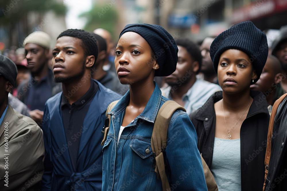 Generative AI image of young African American female with backpack standing with fellow protesters on street and looking away while demonstrating for Black Lives Matter Generative AI image of young African American female with backpack standing with fellow protesters on street and looking away while demonstrating for Black Lives Matter
