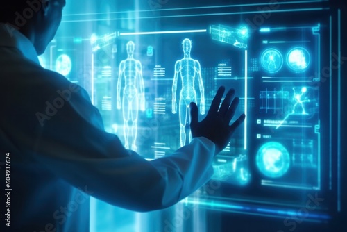 Doctor's hands holding a digital screen with the projection of a human body and brain hologram with different parameters and data. Created with generative ai