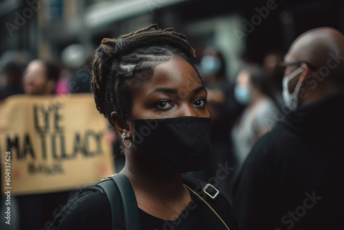 Generative AI image of African American female in protective mask and with backpack looking at camera while standing on city street with protesters for Black Lives Matter manifestation photo