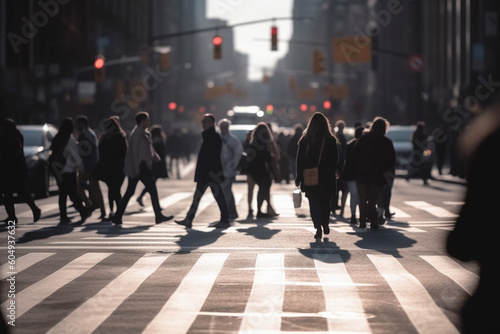 Blurred Crowd of unrecognizable business people walking on Zebra crossing in rush hour working day Boston Massachusetts United States blur business and people lifestyle and leisure of Pedestrian photo