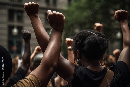 Generative AI image of back view of anonymous African American female standing with fist up while standing with fellow protesters on city street during Black Lives Matter manifestation photo