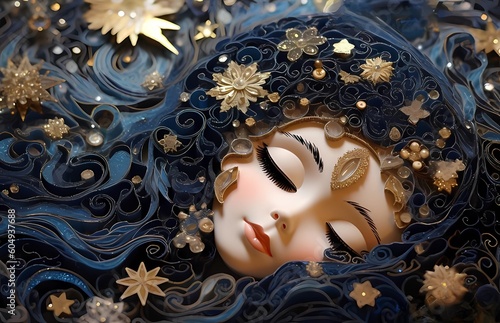 Magical Constellations: Girl with a Star and Moon, Immersed in a Dark Aquamarine and Gold Sky, Reflecting a Sense of Wonder