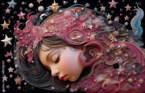 Guided by the Stars: Girl with Blonde Hair in the Sky, Gazing at Whimsical Portraits amidst a Galaxy of Stars
