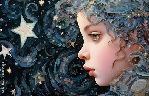 Starry Night Delight: Girl with Wavy Hair and a Sky Filled with Dreamy Stars