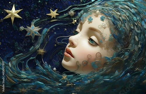 Infinite Wonder: Childlike Innocence and Charm in a Celestial Landscape of Bright Serene Faces and Swirling Vortexes