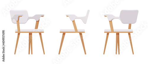 Kitchen side chair furniture set, natural brown, light. Dinner party room, cafe, restaurant classic modern interior design accent. Vector flat style cartoon home, office isolated, white background