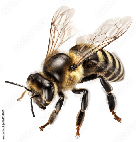close up of a sitting honey bee isolated on white or transparent background as PNG, generative AI animal