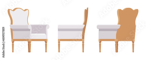 Armchair, soft wing chair, wingback furniture set in natural brown. Tea meeting, living room, bar, cafe, hotel decent decoration. Vector flat style cartoon home, office isolated, white background