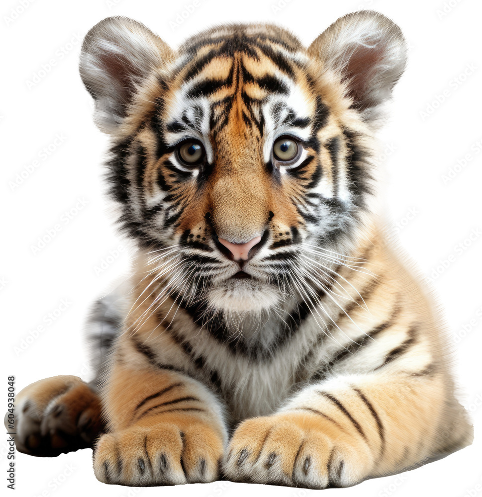 Close up of a lying baby tiger cub isolated on a white background as transparent PNG, generative AI animal