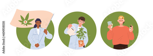 Set of round frame icons with different people characters supporting cannabis for medical use