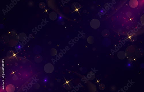 Blurred Bokeh Light on Dark Blue Background. Christmas and New Year Holidays Template. Abstract Glitter Defocused Blinking Stars and Sparks