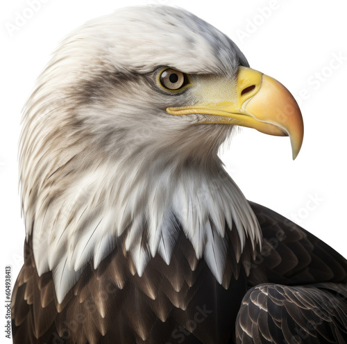 Close up portrait of an american bald eagle head isolated on white background as transparent PNG  generative AI