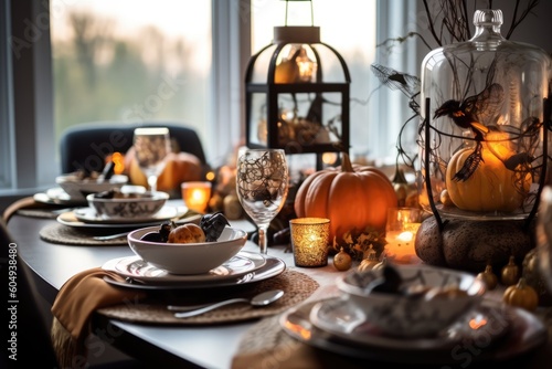 Halloween table setting with pumpkins decor © dvoevnore