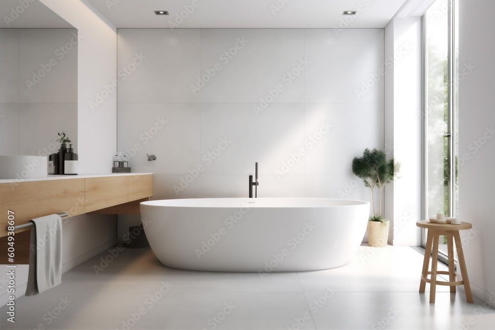 wall interior wood architecture house bathroom bathtub modern home luxury white. Generative AI. wall interior wood architecture house bathroom bathtub modern home luxury white. Generative AI.
