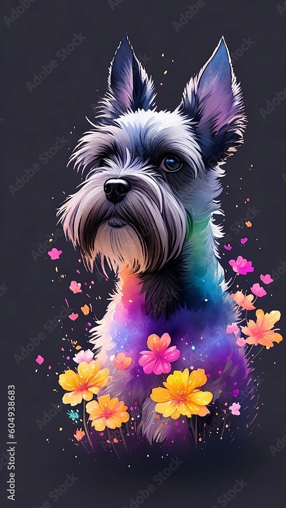 Illustration of a puppy schnauzer's face in the foreground, with lots of flowers around. Portrait of a beautiful dog. Dog and flowers.
