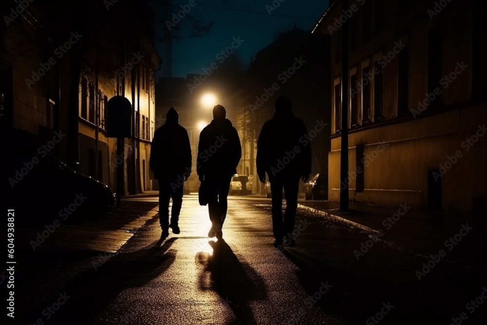 Blurry silhouettes and shadows of three man walking city street in the night