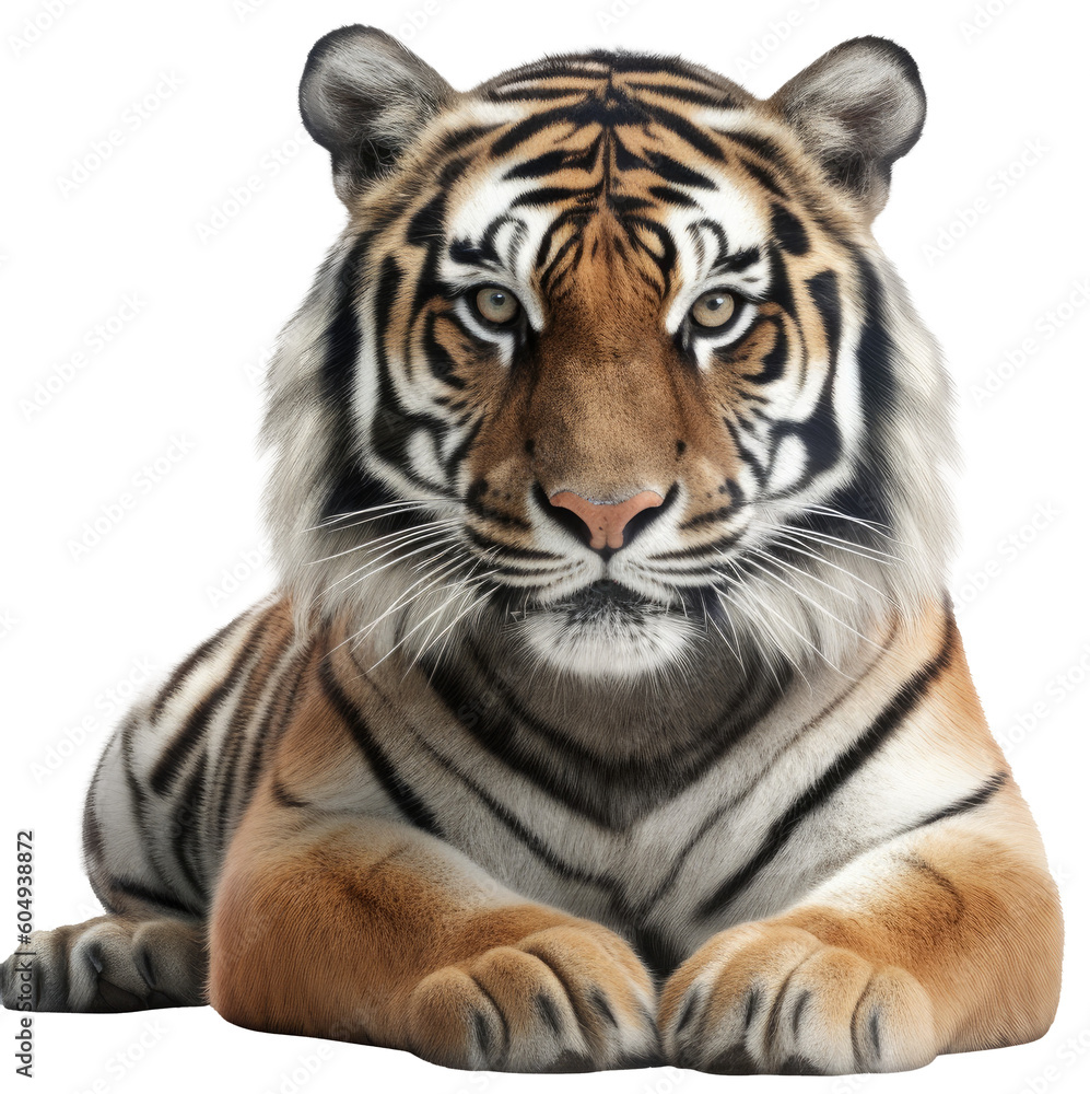 lying bengal tiger on white background as transparent PNG, generative AI animal