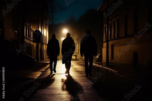 Blurry silhouettes and shadows of three man walking city street in the night
