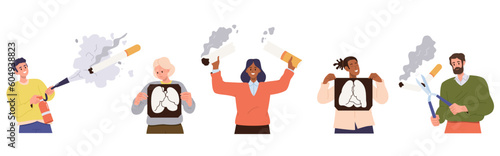 Set of happy satisfied people characters rejecting smoking breaking bad habit harmful for health