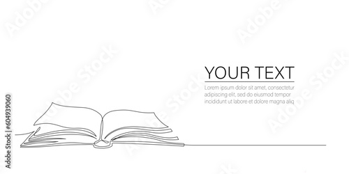 Continuous one line drawing of open book with place for text. Single line of notebook with flying pages for background. Education, business, back to school hand drawn sketch design. Concept of study