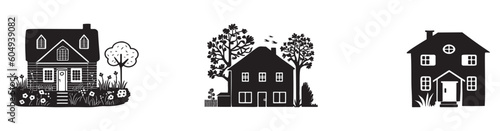 Set of rustic cottage motif in homestead vintage style. Vector illustration of whimsical rural country house. 