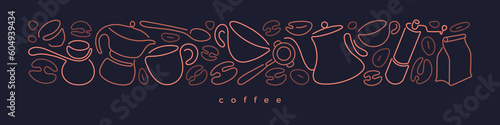 Coffee line border. Cup, beans. Vector art pattern