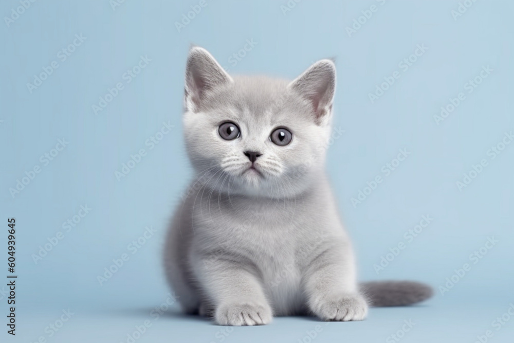 British Shorthair kitten of silver color on blue and gray backgrounds
