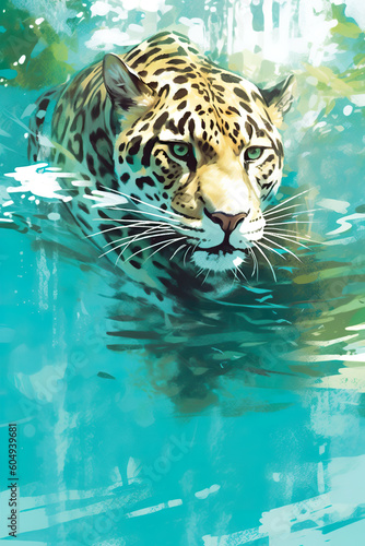 A painting of a leopard swimming in the water. Generative AI.