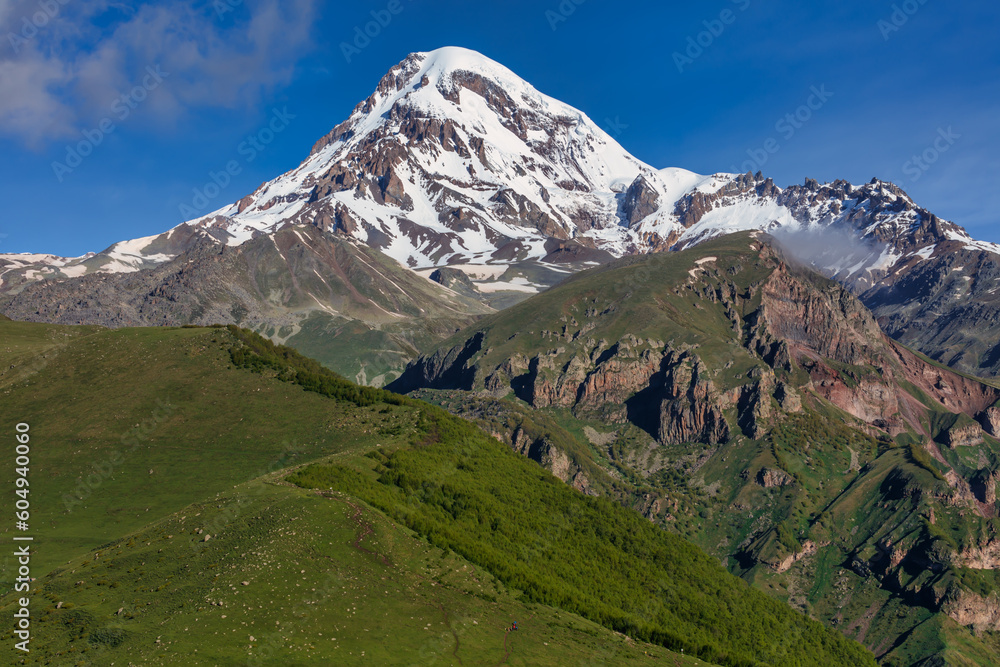 Fototapeta premium Kazbek or Kazbegi mountain,near the Gergeti Trinity Church ,Stepantsminda village in Georgia ,At an altitude of 2170 meters, 